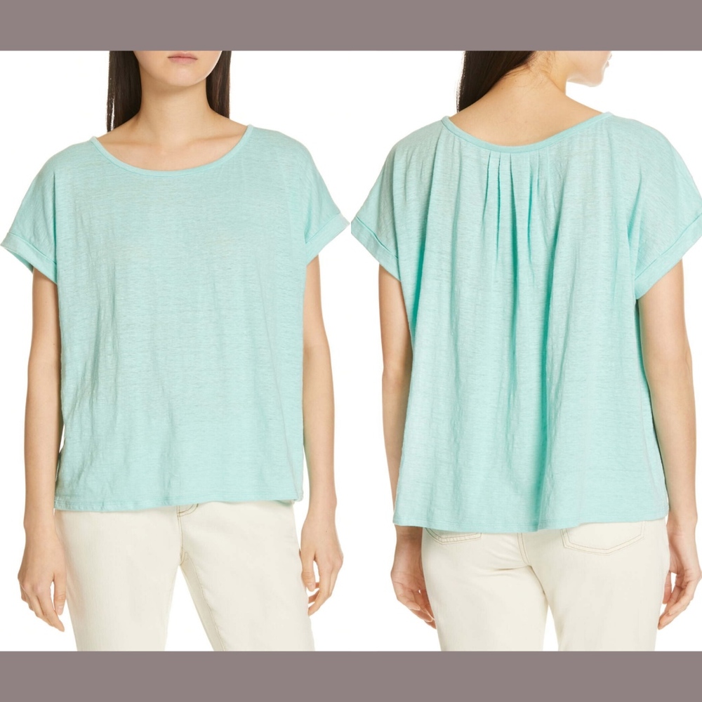 NEW $148 Eileen Fisher Organic Linen Boxy‎ Tee in Shinning Water [SZ Large ]